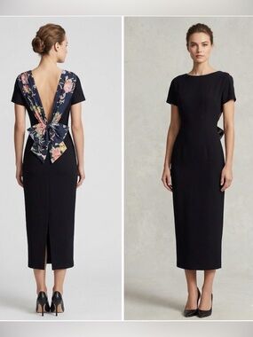 Datiani Vintage 1980s Black and Floral V back Cocktail Dress Size 6